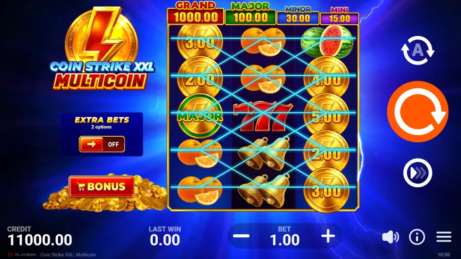 Coin Strike XXL Multicoin base game grid with GRAND MAJOR MINOR MINI jackpot ladder