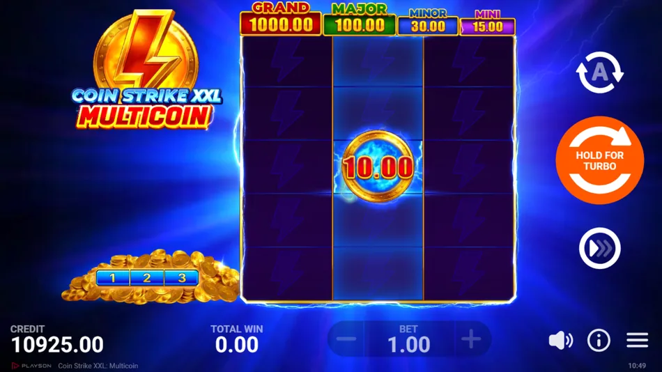 Bonus Game screen with sticky Strike Coin and MULTICOIN symbols on reel 2 and respin counter