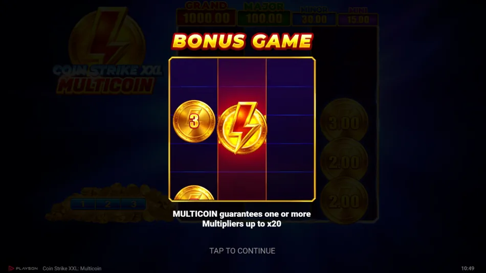MULTICOIN symbol applying random multiplier to collected Coin values in Coin Strike XXL Multicoin